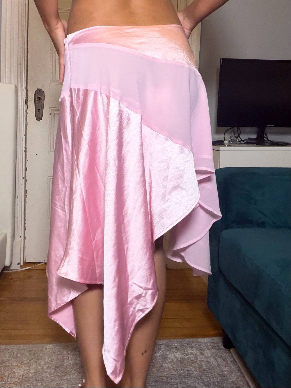 Peppermayo Pink Asymmetrical Satin-Blend Skirt
